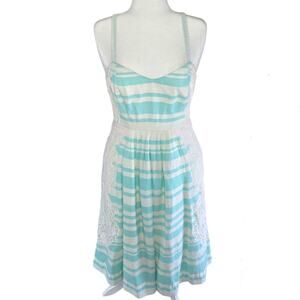 Moulinette Soeurs Blue White Striped Lace Inset Fit & Flare Midi Dress Size 6